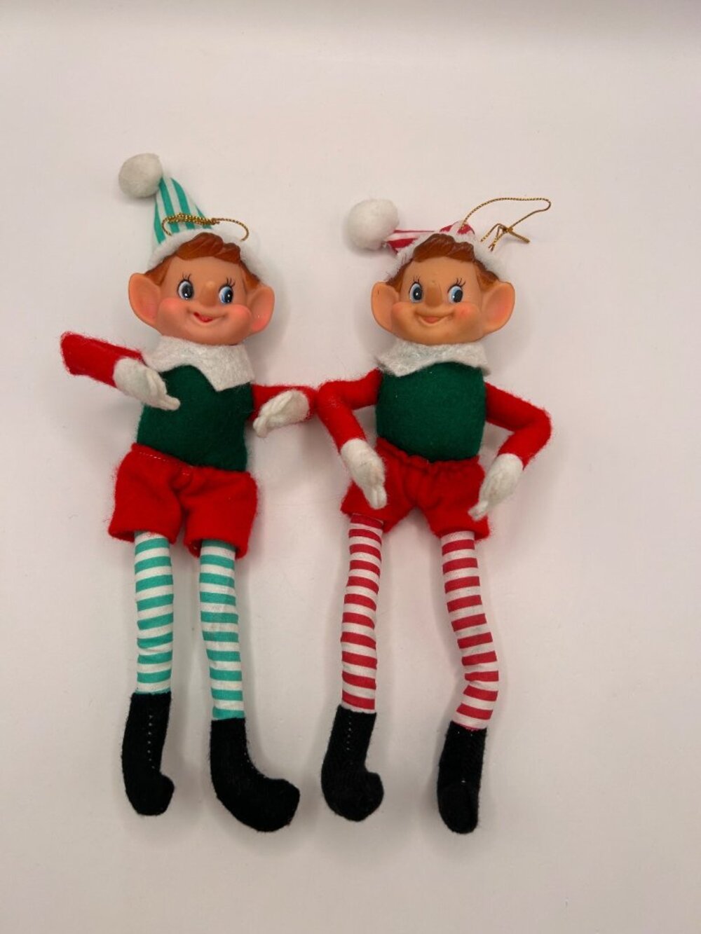 Vintage Christmas Elf Ornaments Rubber Face Pair With Striped Legs & Festive Cap